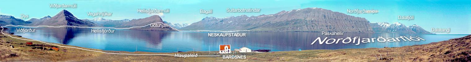 Panorama ljósmynd af Norðfirði með staðháttarlýsingum